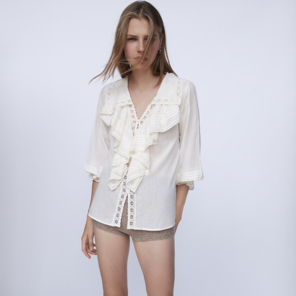 Zara Ruffled Lace Insert Blouse (white) New